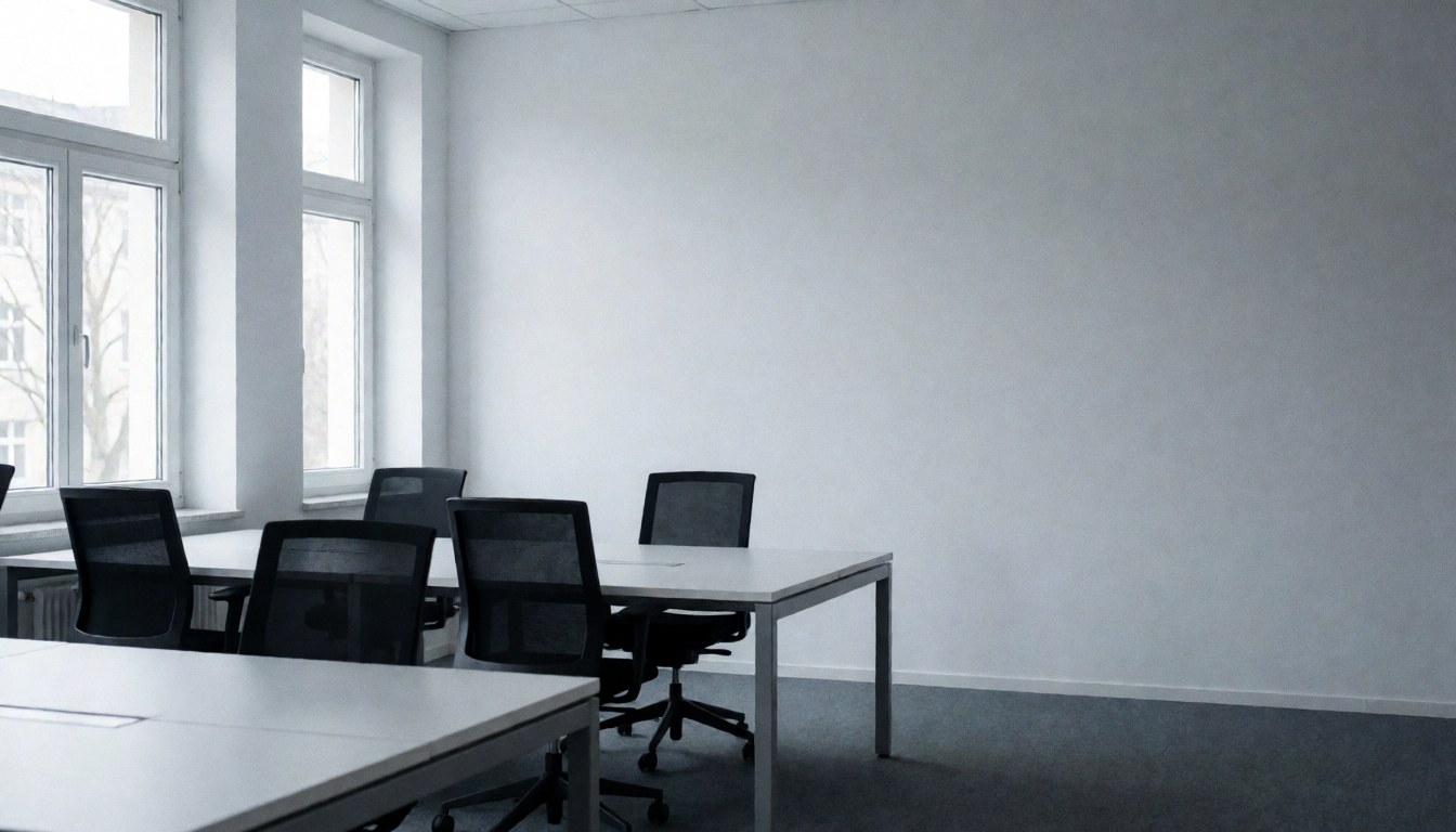 Modern minimalist office space in Berlin featuring empty tables and chairs, gray walls, and natural light, ideal for text or logo placement.