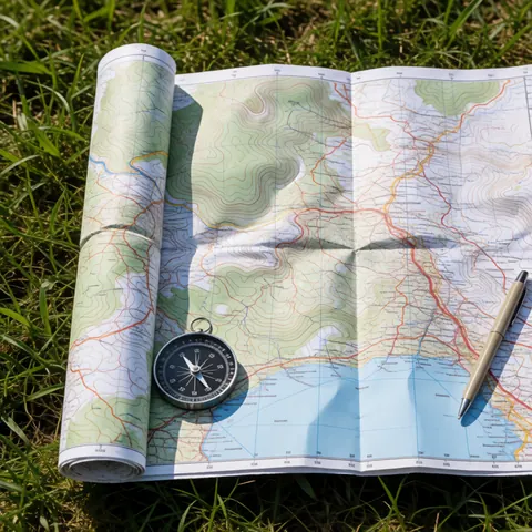 A detailed topographic map featuring contour lines, a compass, and a pen, used for outdoor field work and navigation.