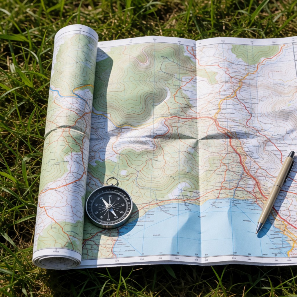 A detailed topographic map featuring contour lines, a compass, and a pen, used for outdoor field work and navigation.
