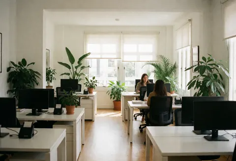 Modern accounting office with white desks, computers, green plants, and natural light. Two people working at their desks in a professional and welcoming environment.