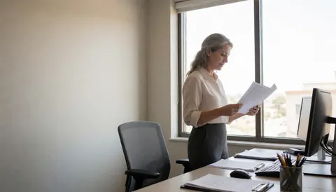Professional accountant reviewing documents at a desk in a bright modern office near a window with computer and supplies