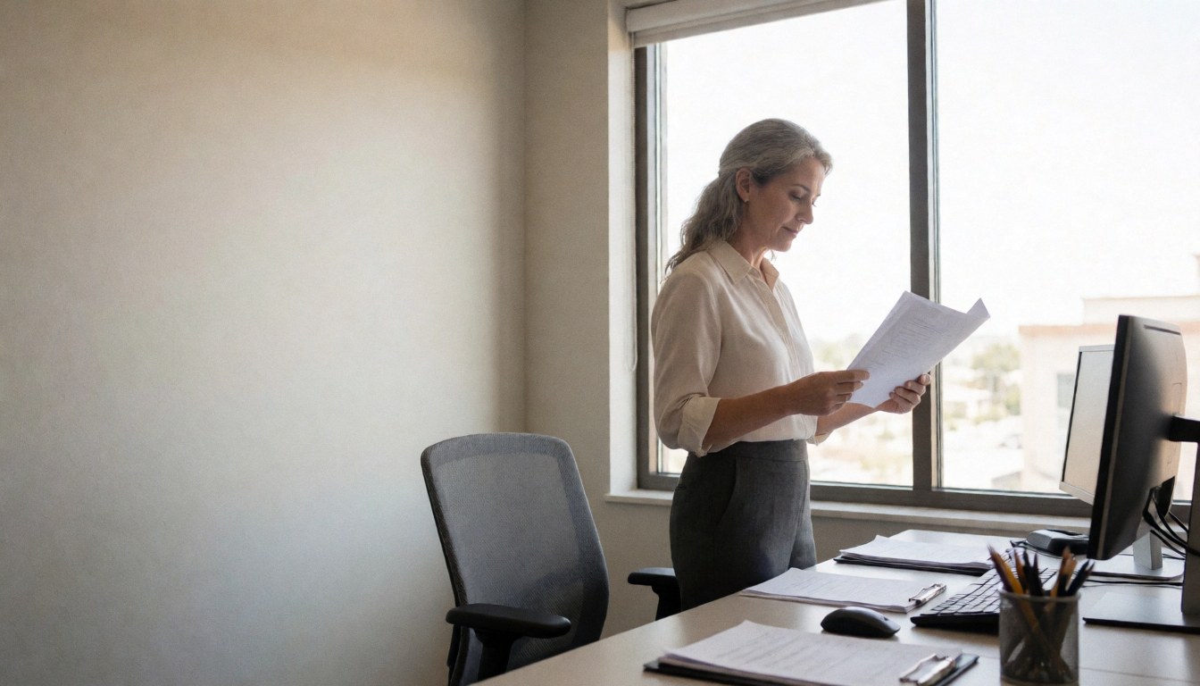 Professional accountant reviewing documents at a desk in a bright modern office near a window with computer and supplies