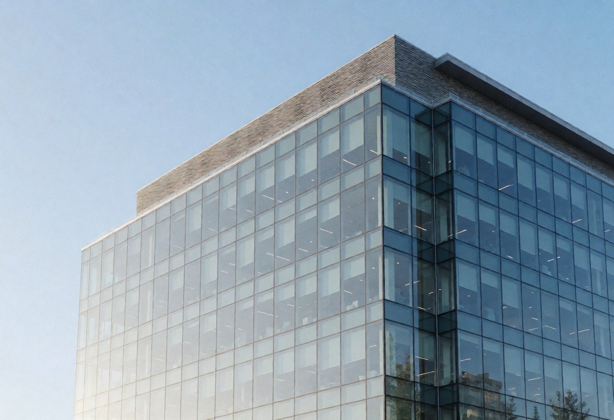 Modern office building with glass facade and clear blue sky, suitable for accounting firms and professional businesses