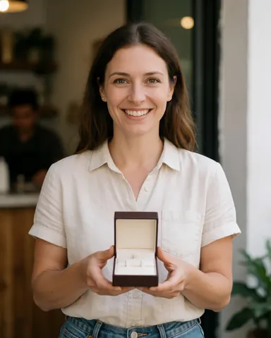 A smiling woman in casual attire holds an open jewelry box while sitting in a cafe, appearing pleased with her purchase.