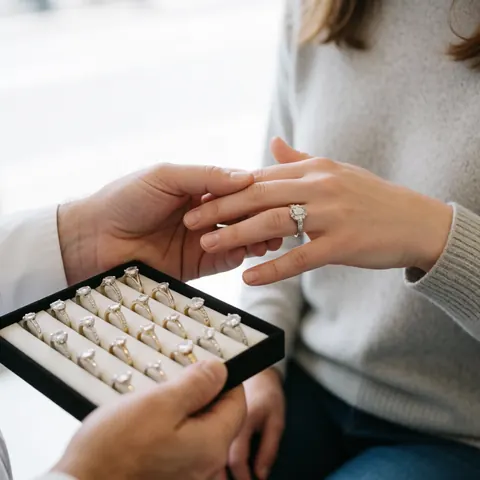 A happy customer tries on a diamond ring while the jeweler presents a box with several options in a softly lit professional jewelry store.