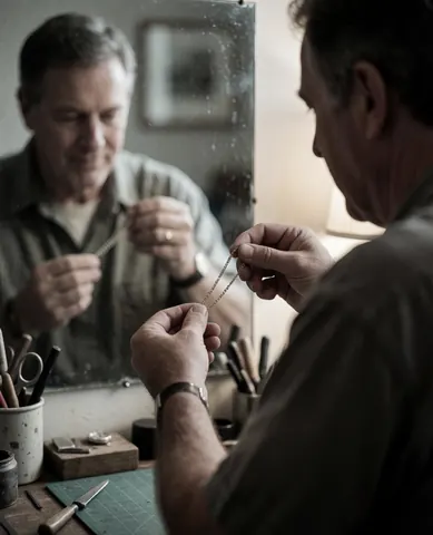 A man inspects a silver chain in a mirror within a jewelry workshop setting, surrounded by tools and soft realistic lighting.