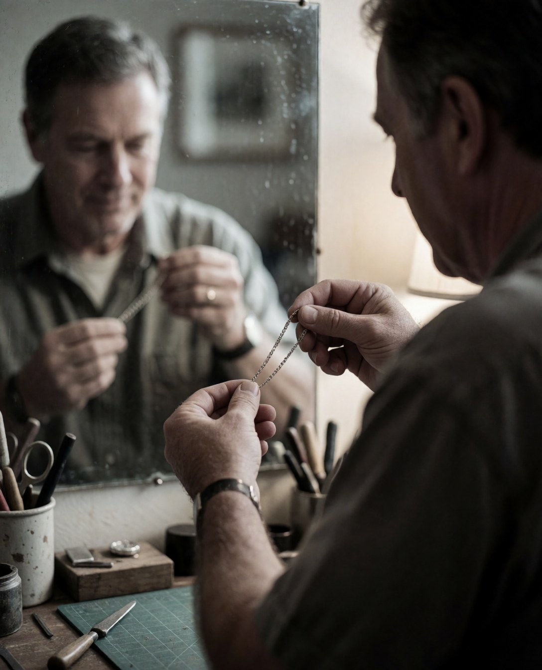 A man inspects a silver chain in a mirror within a jewelry workshop setting, surrounded by tools and soft realistic lighting.
