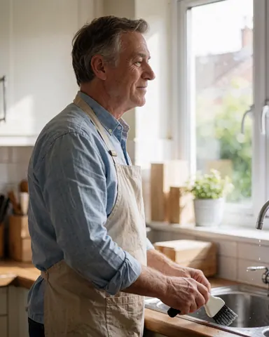 A smiling senior man in an apron cleans a kitchen sink near a window, showing satisfaction with his domestic cleaning work.