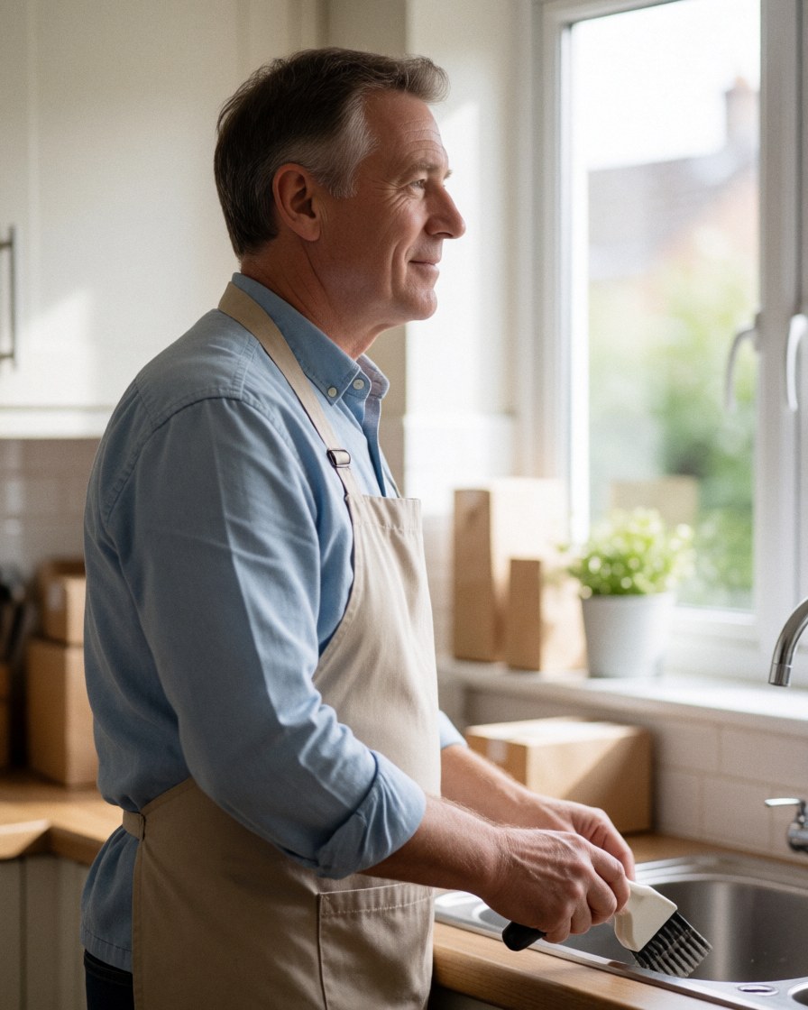 A smiling senior man in an apron cleans a kitchen sink near a window, showing satisfaction with his domestic cleaning work.