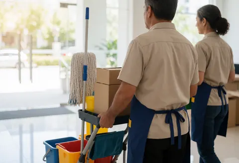 Two uniformed cleaners with a cleaning cart in an office hallway, natural light and blurred background, professional and realistic scene.