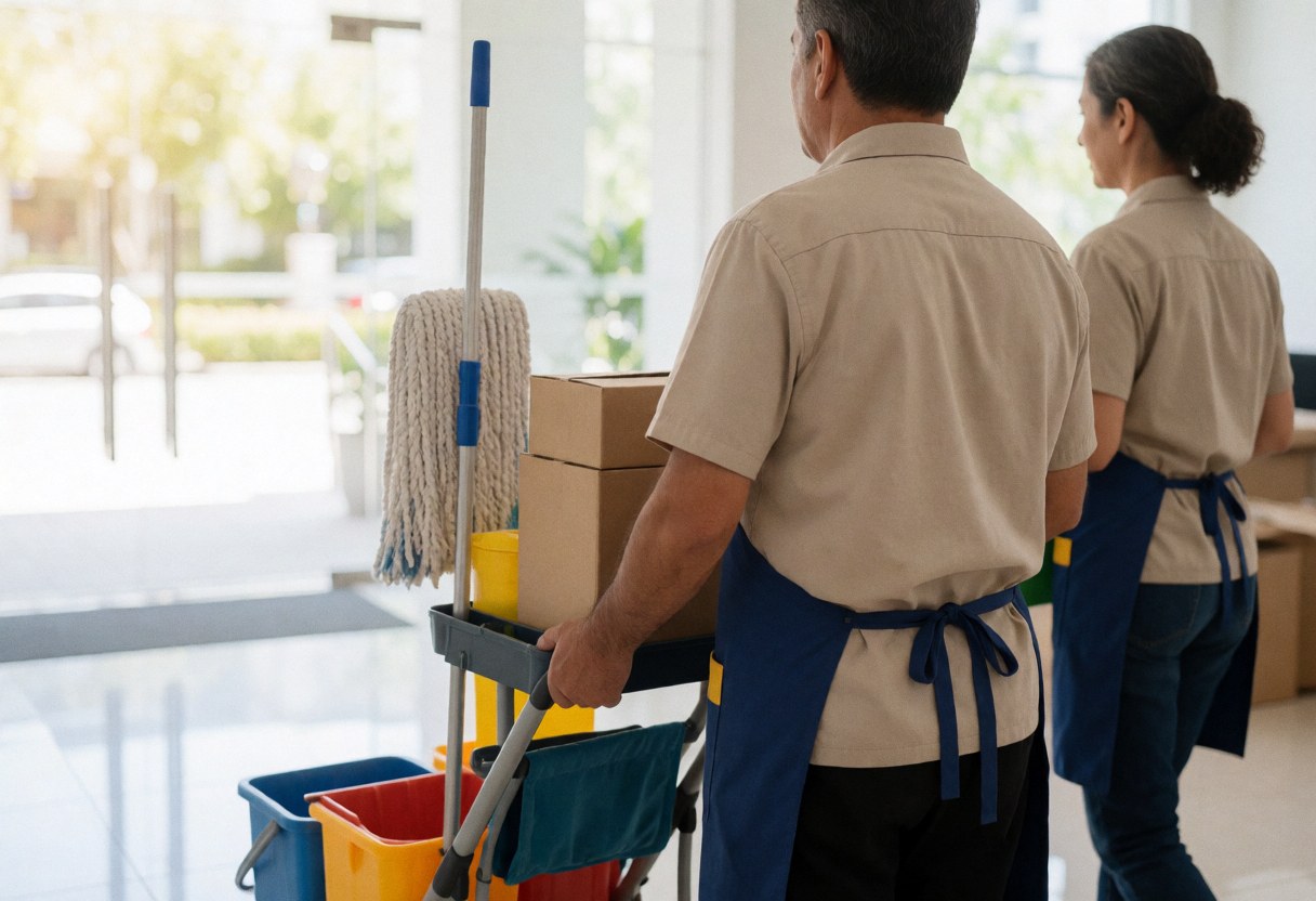 Two uniformed cleaners with a cleaning cart in an office hallway, natural light and blurred background, professional and realistic scene.