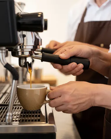 Close-up of espresso flowing from a machine into a ceramic cup held by barista hands, with a soft professional background.