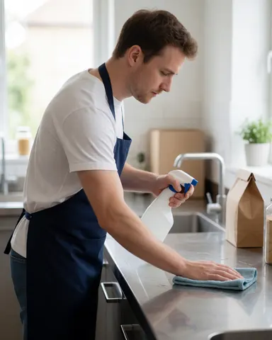 A team of cleaning professionals working together to sanitize and polish commercial kitchen surfaces and equipment.