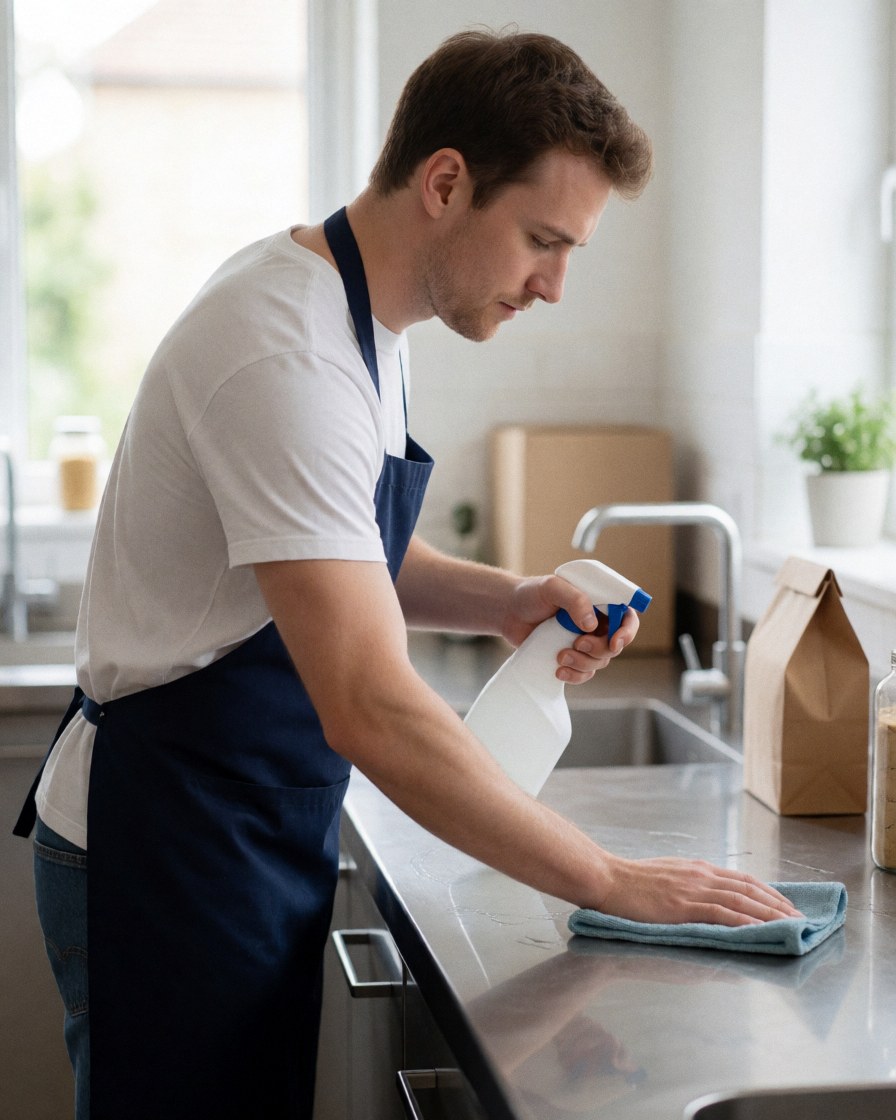 A team of cleaning professionals working together to sanitize and polish commercial kitchen surfaces and equipment.