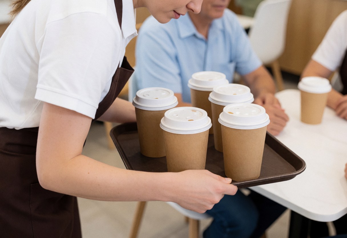 A waitress carrying a tray of coffee drinks to seated customers in a modern cafe setting.