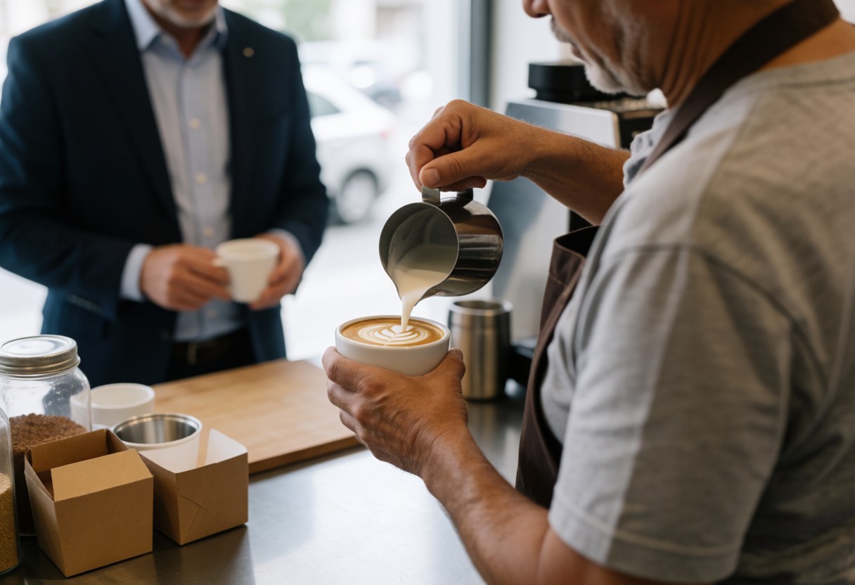 A barista preparing a custom coffee drink in a coffee shop setting, showcasing the art of latte and cappuccino creation for customers.