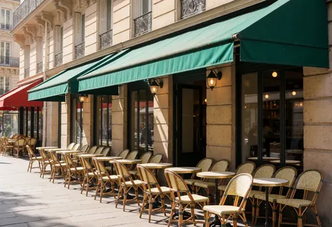 Outdoor cafe seating area featuring wooden tables and chairs under green awnings on a sunny pedestrian street with classic architecture