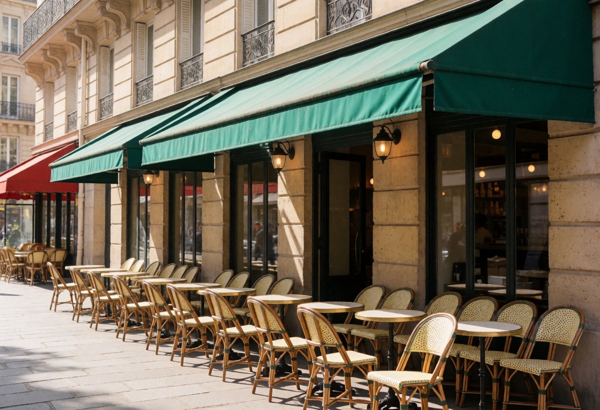 Outdoor cafe seating area featuring wooden tables and chairs under green awnings on a sunny pedestrian street with classic architecture