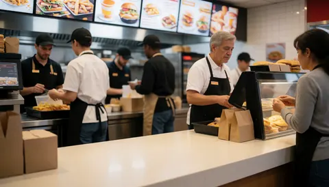 Realistic view of a fast food counter with staff attending to a customer, featuring hamburgers, fries, and a cash register.