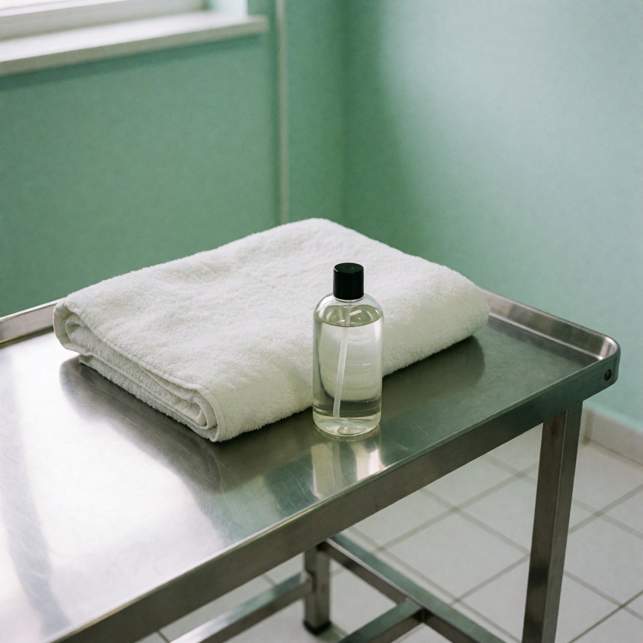 White cloth and massage gel bottle on a steel table in a physical therapy clinic with green walls and white floor.