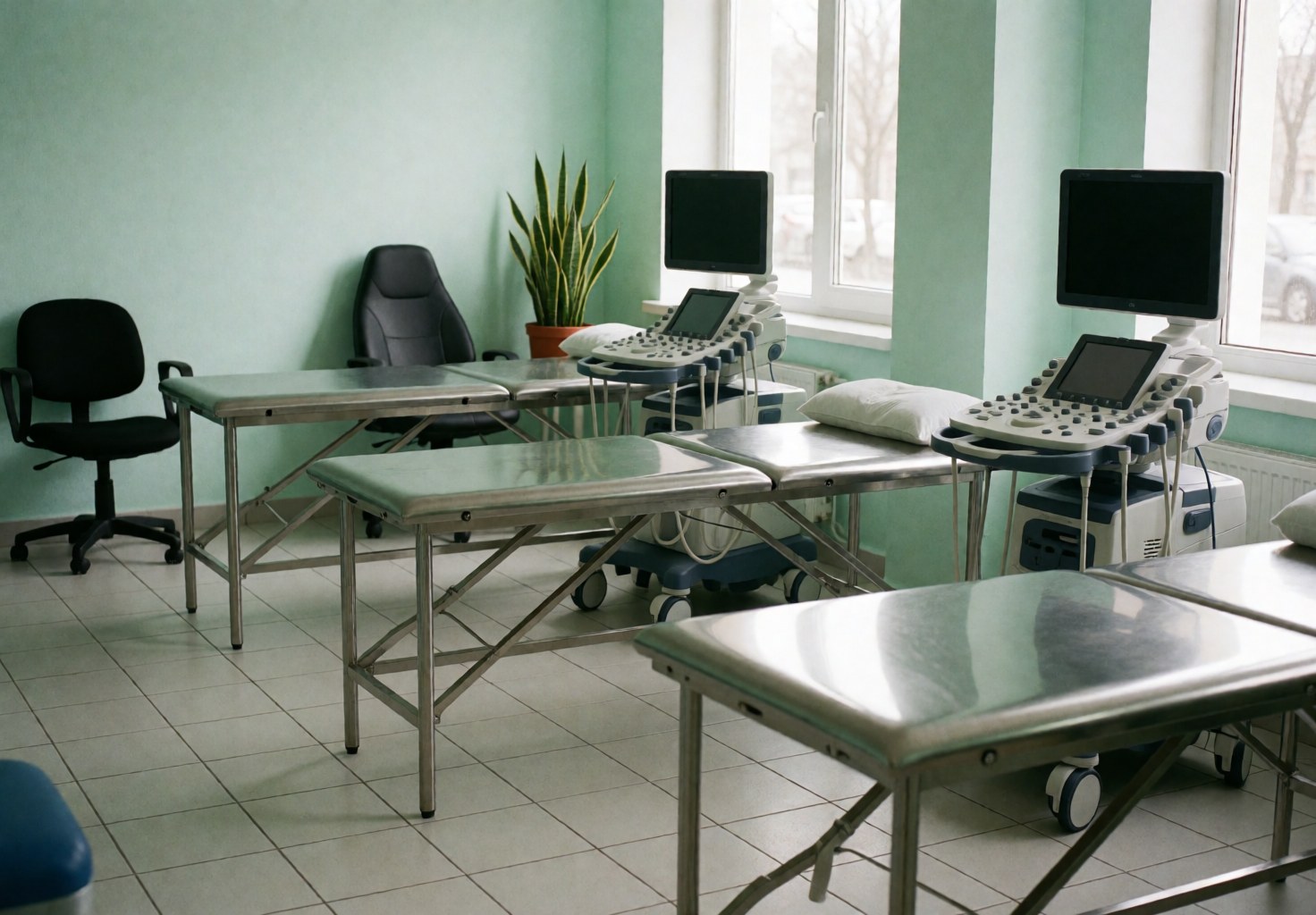 Empty physical therapy clinic interior featuring treatment beds, ultrasound machines, chairs, a plant, green walls, and windows with natural light