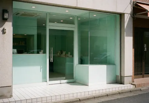 Exterior view of a physical therapy clinic featuring large glass windows, mint green interior walls, and white tiled flooring for a clean professional look
