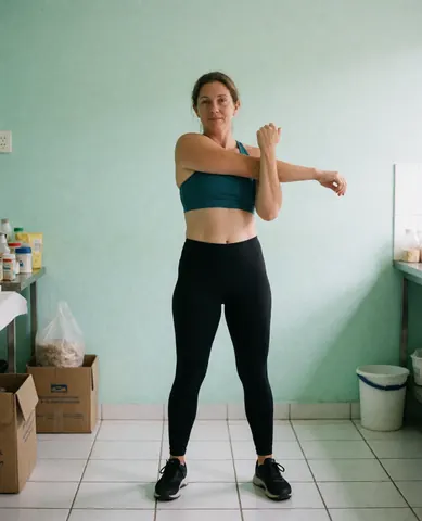 Female client stretching her arm during a physical therapy session in a clinic with green walls and white floor.