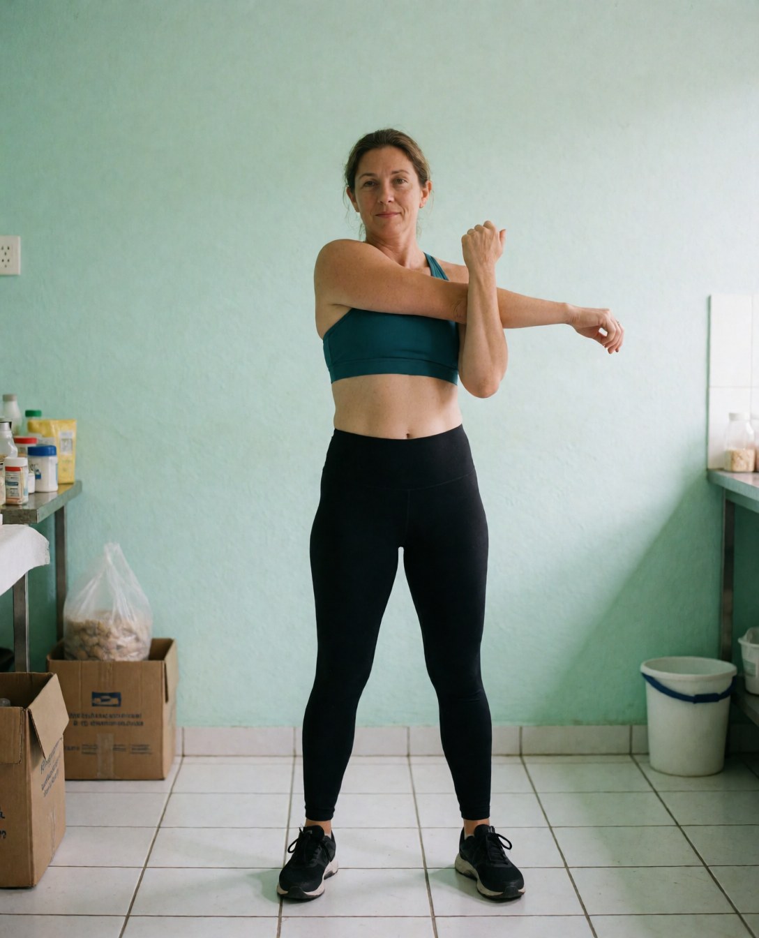 Female client stretching her arm during a physical therapy session in a clinic with green walls and white floor.