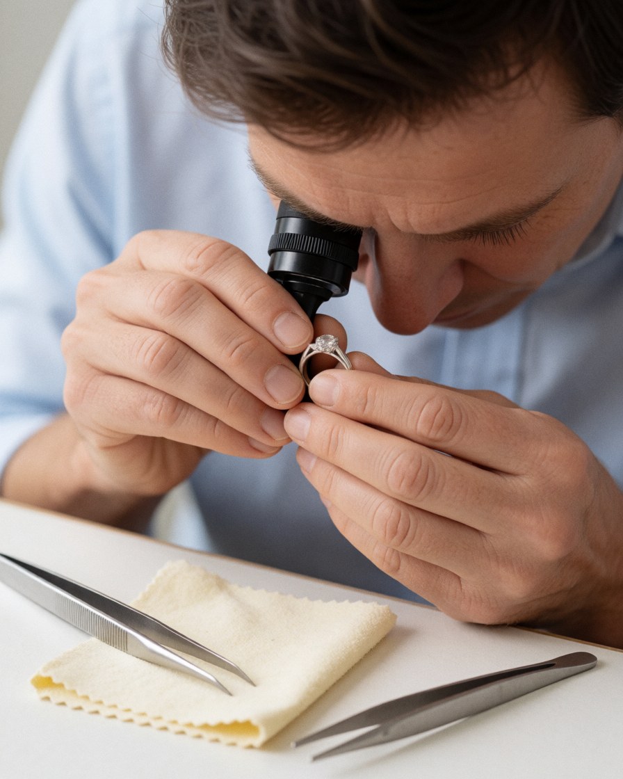 A jeweler examines a ring using a loupe and tweezers on a clean white surface, highlighting professional jewelry inspection and repair work.