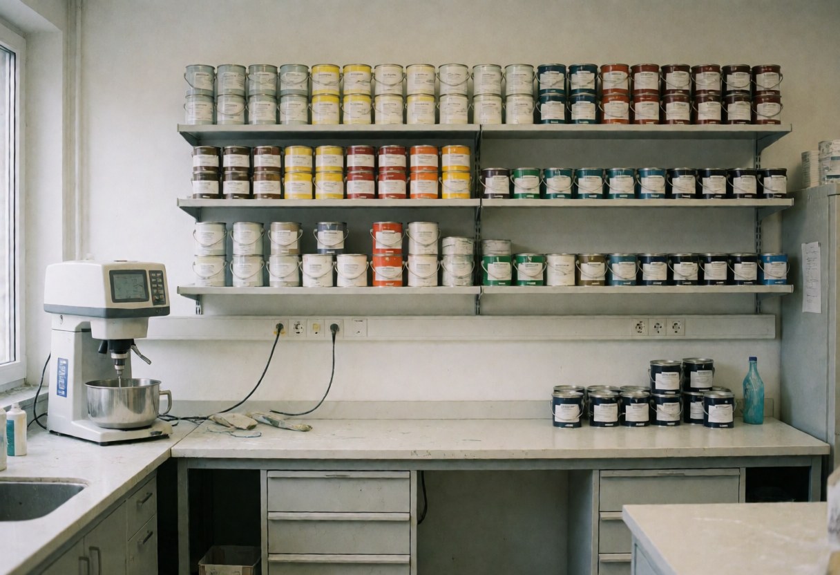 Interior of a paint mixing lab featuring shelves full of color cans, a digital mixer on the counter, and a clean white wall in a professional setting.