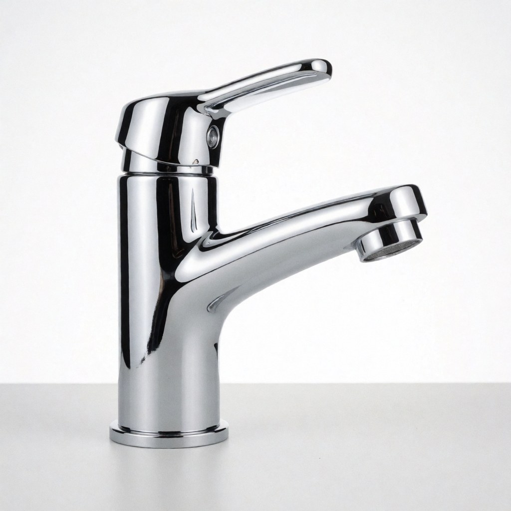 Close-up of a modern chrome faucet mounted on a white bathroom sink, showcasing its sleek design and reflective surface against a clean white background.