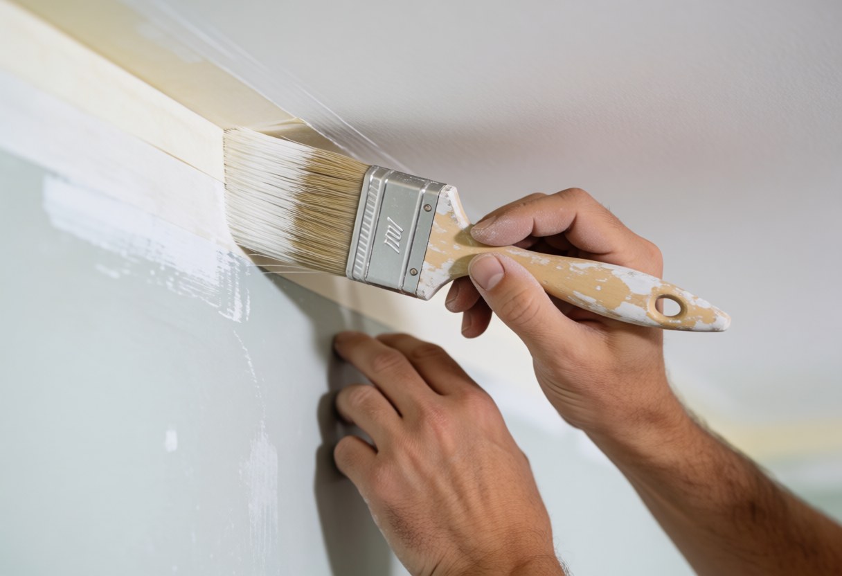 Close-up of a hand using a paintbrush to apply bright, clean paint to a wall near masking tape, showing ceiling and wall details under soft professional lighting