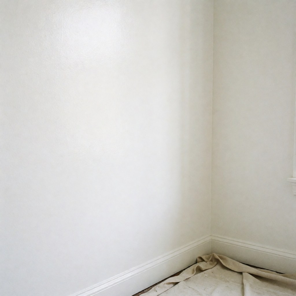 Top view of a white interior wall with baseboard, paint cloth on the floor, and a glossy finish for real estate and home decor.