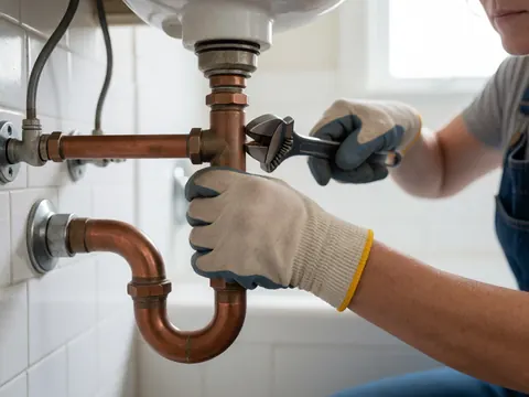 Plumber wearing gloves adjusting a copper pipe under a bathroom sink with white walls and natural light, showing plumbing repair work.