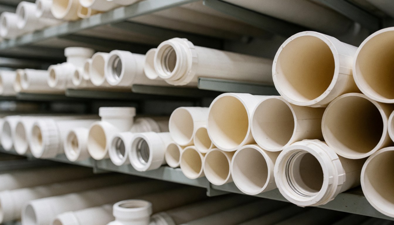 Rows of white PVC plumbing pipes neatly arranged on metal shelves in a commercial storage area, serving as a clean background for text overlays.