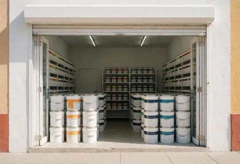 The exterior storefront of a neighborhood paint shop with organized products visible on the facade