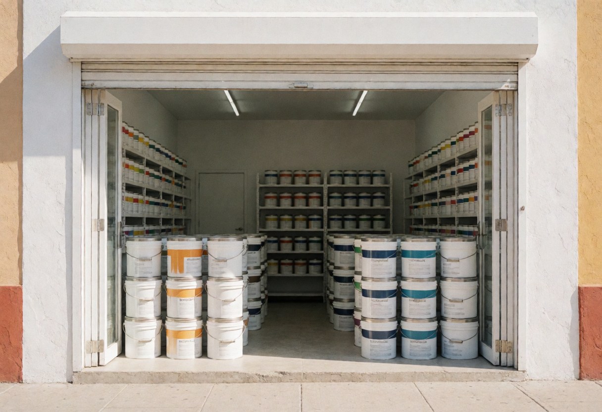 The exterior storefront of a neighborhood paint shop with organized products visible on the facade