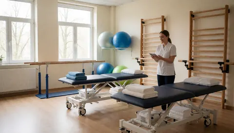 A well-lit physical therapy room featuring parallel bars, exercise balls, and treatment beds ready for patient rehabilitation and care