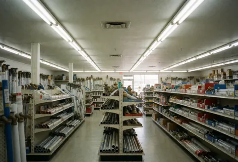 Interior view of a professional plumbing supply store featuring organized shelves stocked with various pipes, fittings, and plumbing accessories under bright fluorescent lighting.