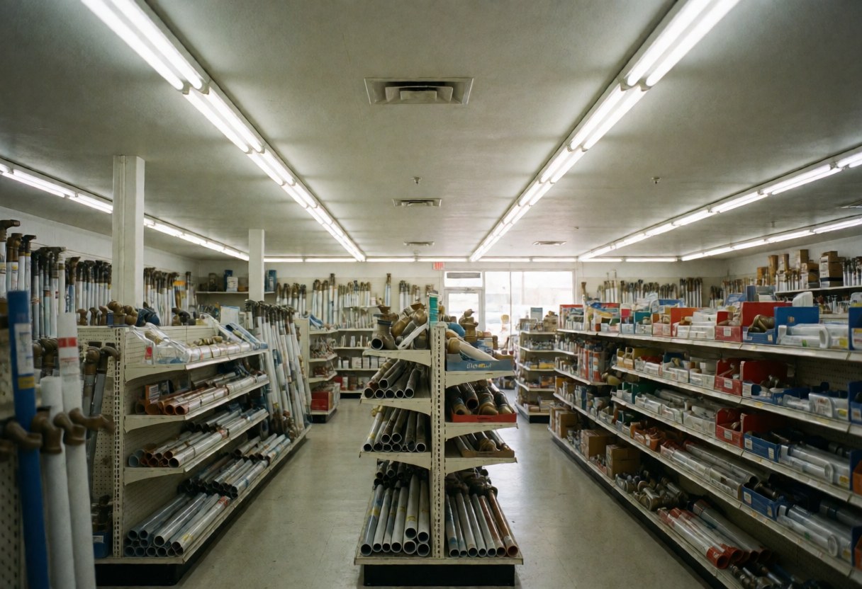 Interior view of a professional plumbing supply store featuring organized shelves stocked with various pipes, fittings, and plumbing accessories under bright fluorescent lighting.