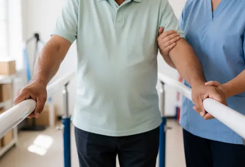 A physical therapist supports a patient walking with parallel bars in a clean rehabilitation gym, focusing on hands and equipment to promote therapy services.