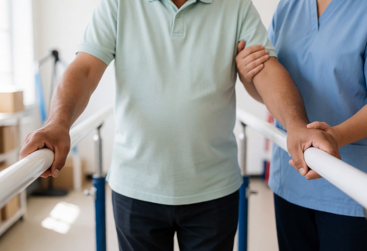A physical therapist supports a patient walking with parallel bars in a clean rehabilitation gym, focusing on hands and equipment to promote therapy services.