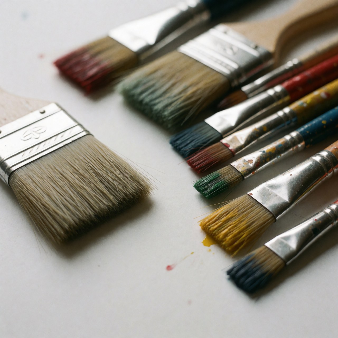 Close-up of paintbrushes with dyed bristles in various colors resting on a white surface with soft lighting