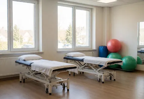 Clean interior of an empty physical therapy clinic featuring two treatment beds, exercise balls in the corner, and large windows with natural light