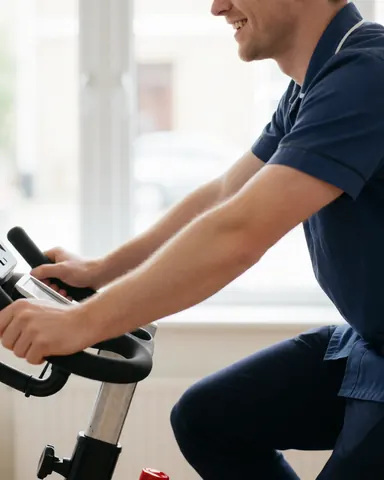 A smiling patient exercising on a stationary bike during a physical therapy session to aid in rehabilitation and muscle recovery