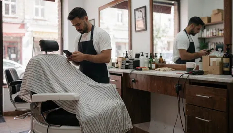 Interior view of a barbershop featuring a styling chair, mirrors, and grooming products ready for use