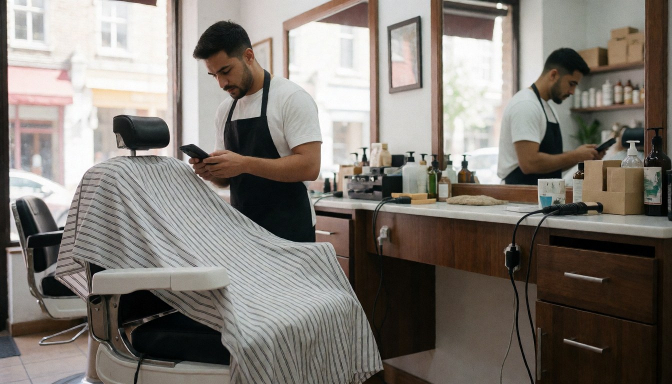 Interior view of a barbershop featuring a styling chair, mirrors, and grooming products ready for use