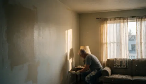 A painter applies paint to a living room wall with natural light, curtains, and a sofa, providing text space and a warm realistic atmosphere.