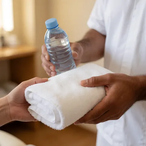 A physical therapist hands a clean white towel and a plastic water bottle to a client during a post-treatment recovery session in a clinic