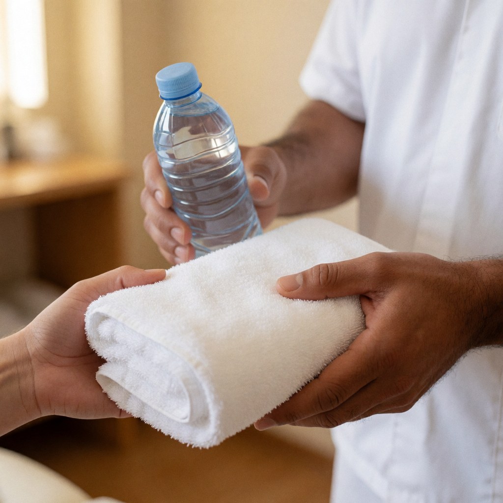 A physical therapist hands a clean white towel and a plastic water bottle to a client during a post-treatment recovery session in a clinic